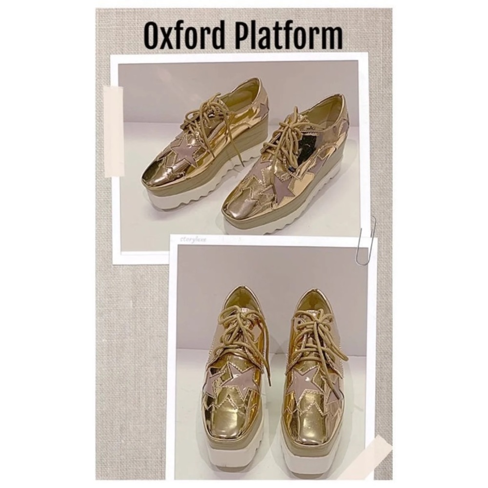 Platform Oxford Gold Square Toe Lace Up Sz 36